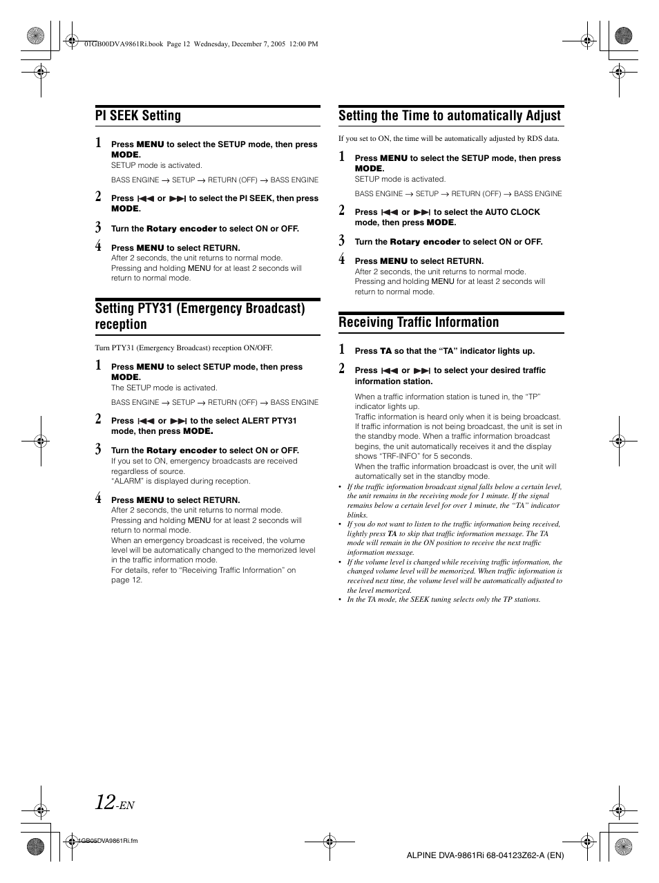 Pi seek setting, Setting pty31 (emergency broadcast) reception, Setting the time to automatically adjust | Receiving traffic information | Alpine DVA-9861Ri User Manual | Page 13 / 76