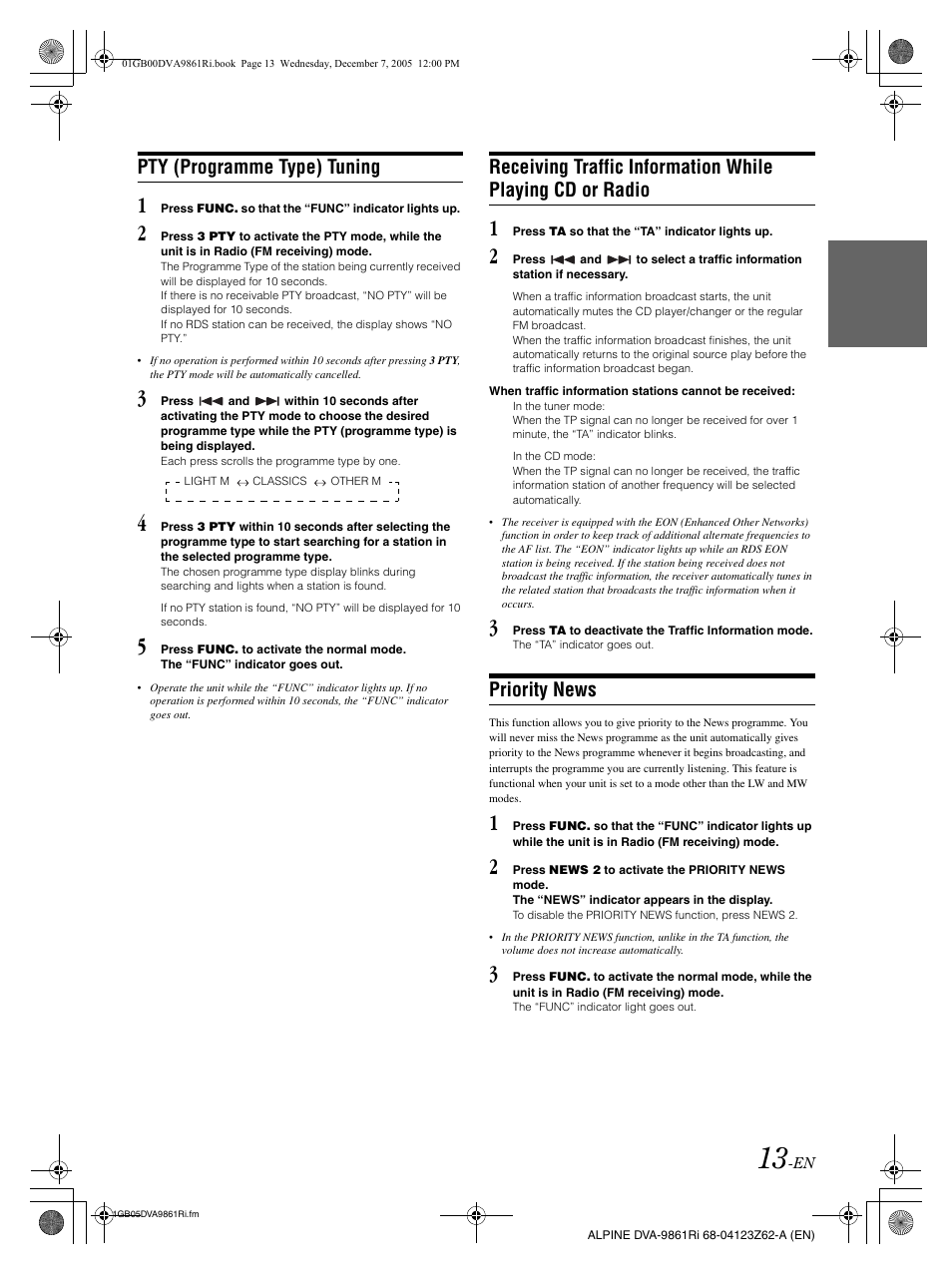 Pty (programme type) tuning, Priority news | Alpine DVA-9861Ri User Manual | Page 14 / 76