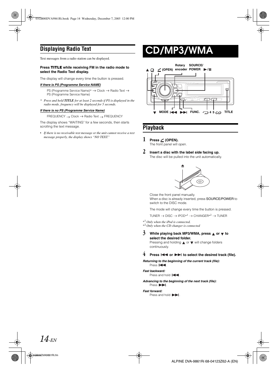 Cd/mp3/wma, Displaying radio text, Playback | Alpine DVA-9861Ri User Manual | Page 15 / 76