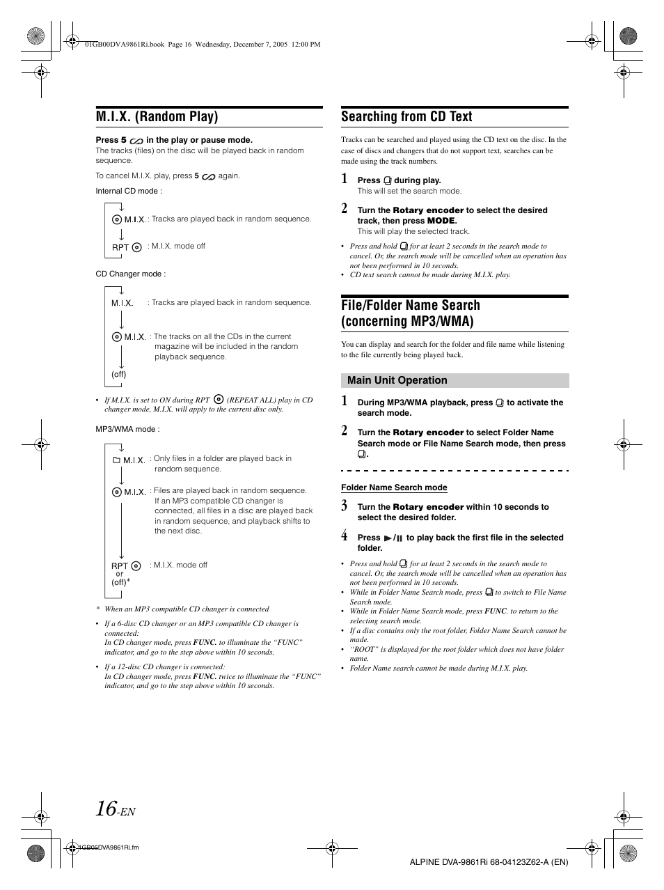 M.i.x. (random play), Searching from cd text, File/folder name search (concerning mp3/wma) | Alpine DVA-9861Ri User Manual | Page 17 / 76