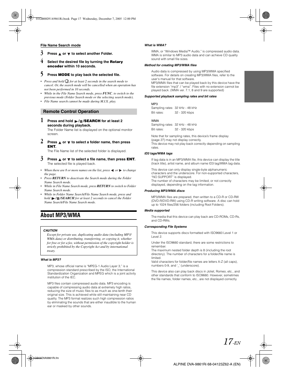 About mp3/wma | Alpine DVA-9861Ri User Manual | Page 18 / 76