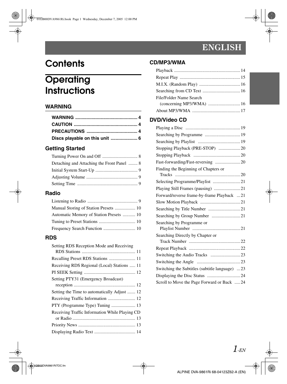 Contents operating instructions, English | Alpine DVA-9861Ri User Manual | Page 2 / 76