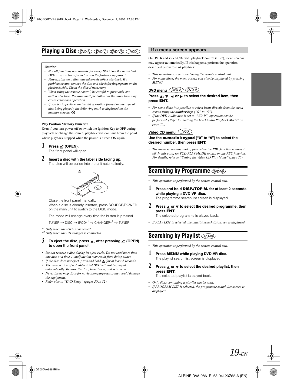 Playing a disc, Searching by programme, Searching by playlist | Alpine DVA-9861Ri User Manual | Page 20 / 76