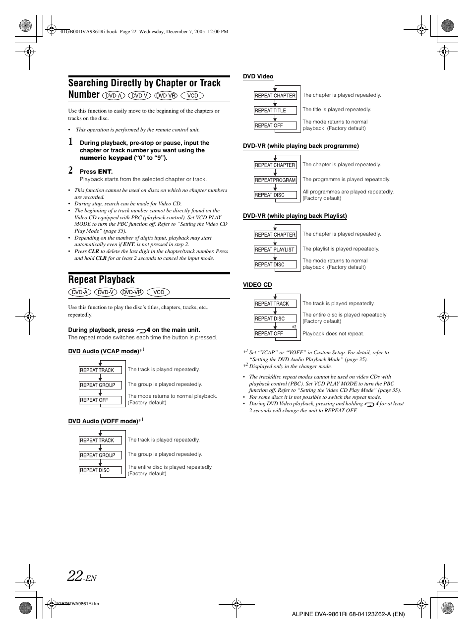 Searching directly by chapter or track number, Repeat playback | Alpine DVA-9861Ri User Manual | Page 23 / 76