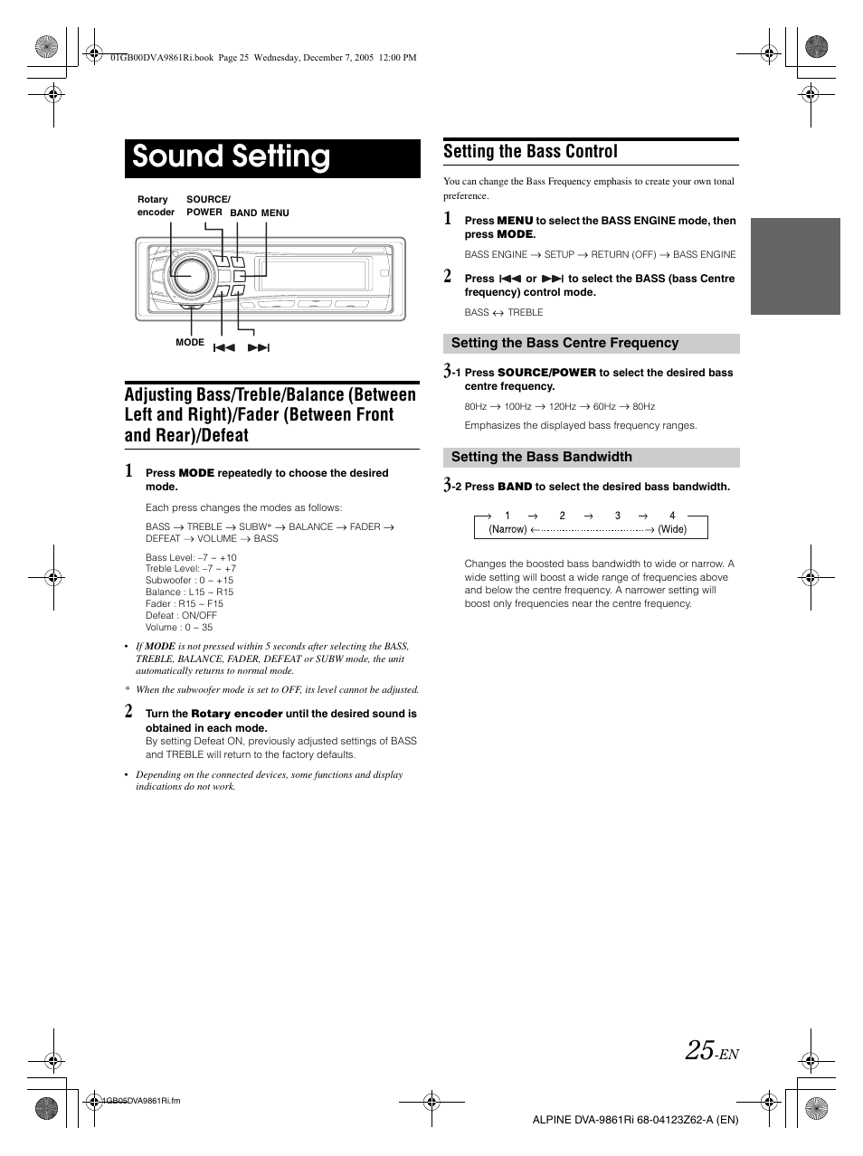 Sound setting, Setting the bass control | Alpine DVA-9861Ri User Manual | Page 26 / 76