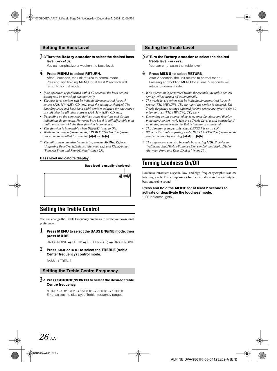 Setting the treble control, Turning loudness on/off | Alpine DVA-9861Ri User Manual | Page 27 / 76