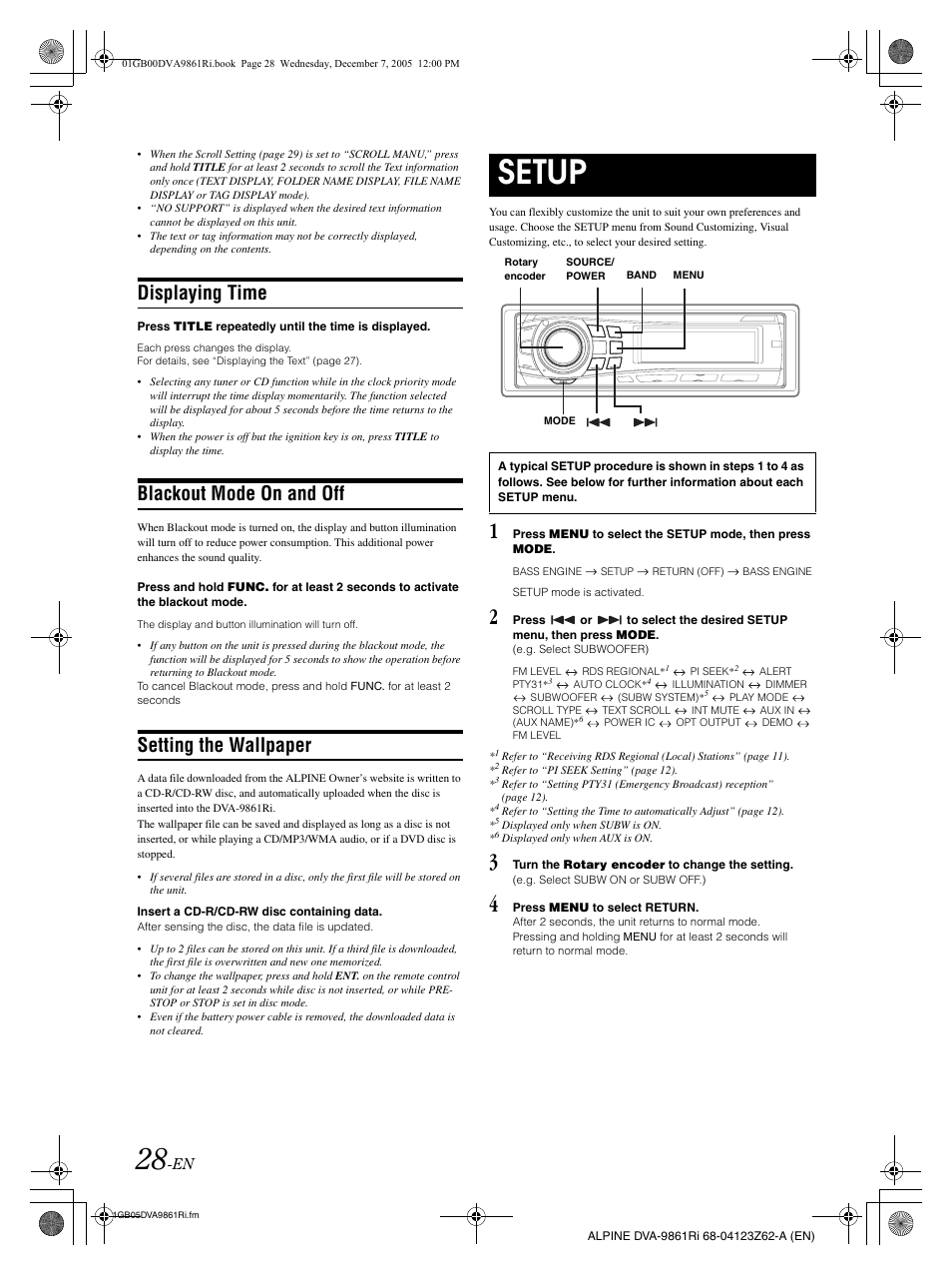 Setup, Displaying time, Blackout mode on and off | Setting the wallpaper | Alpine DVA-9861Ri User Manual | Page 29 / 76