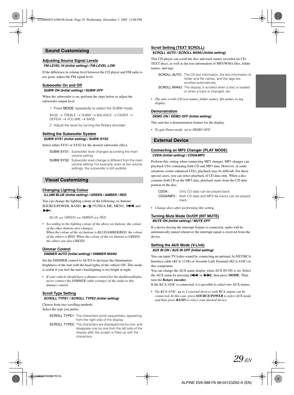 Sound customizing, Visual customizing, External device | Alpine DVA-9861Ri User Manual | Page 30 / 76