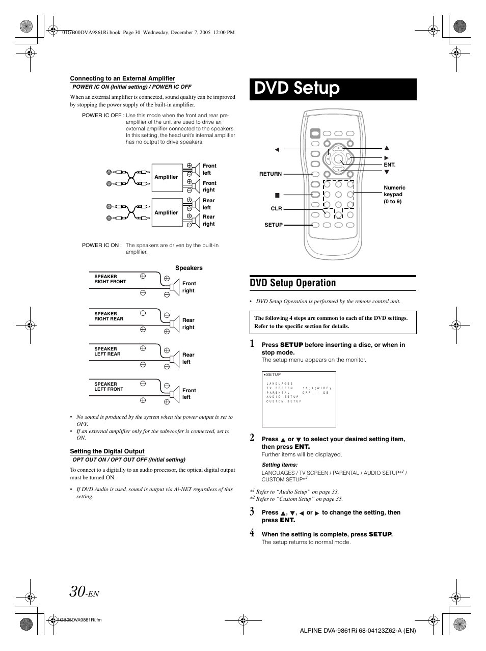 Dvd setup, Dvd setup operation | Alpine DVA-9861Ri User Manual | Page 31 / 76