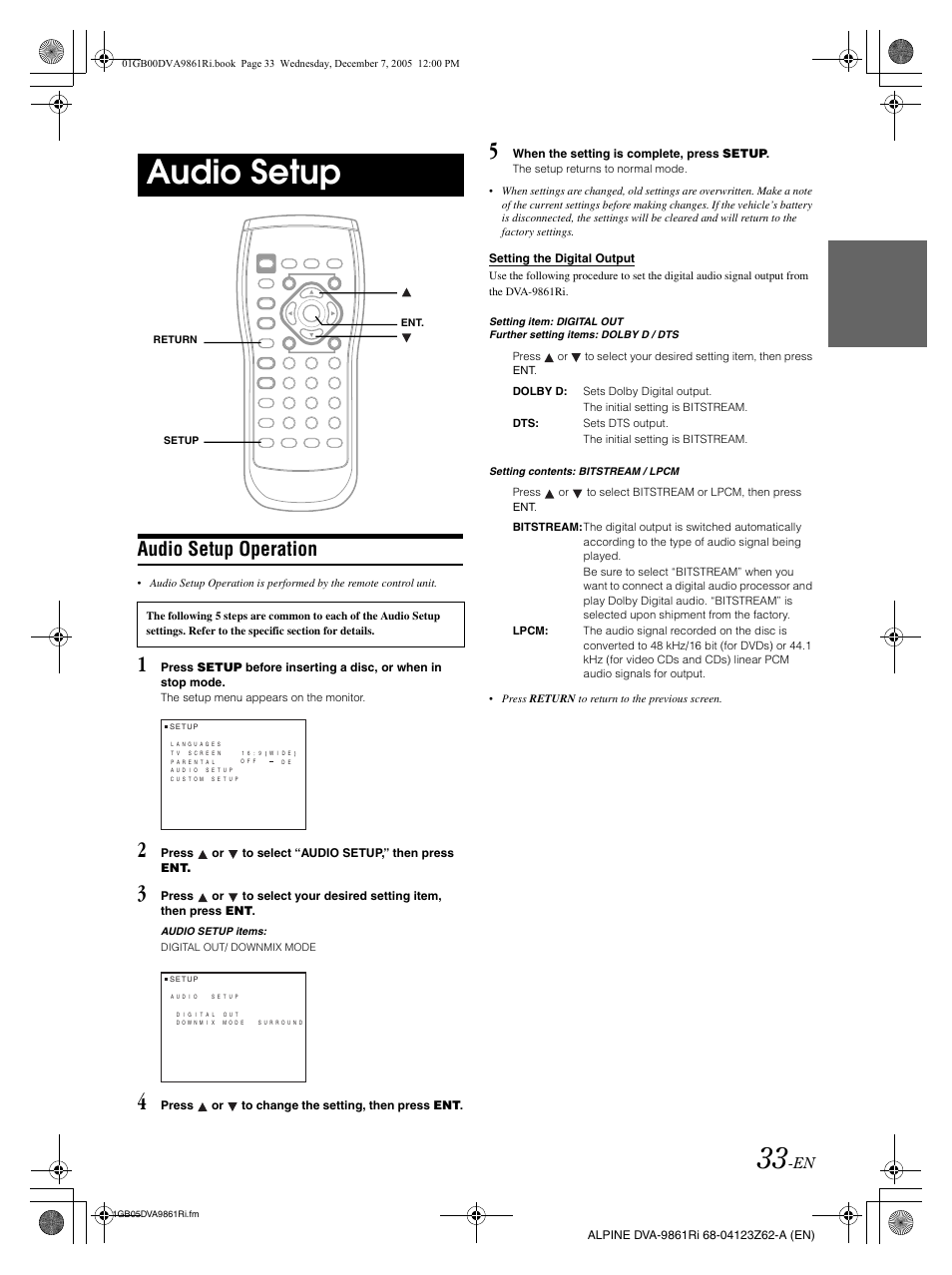 Audio setup, Audio setup operation | Alpine DVA-9861Ri User Manual | Page 34 / 76