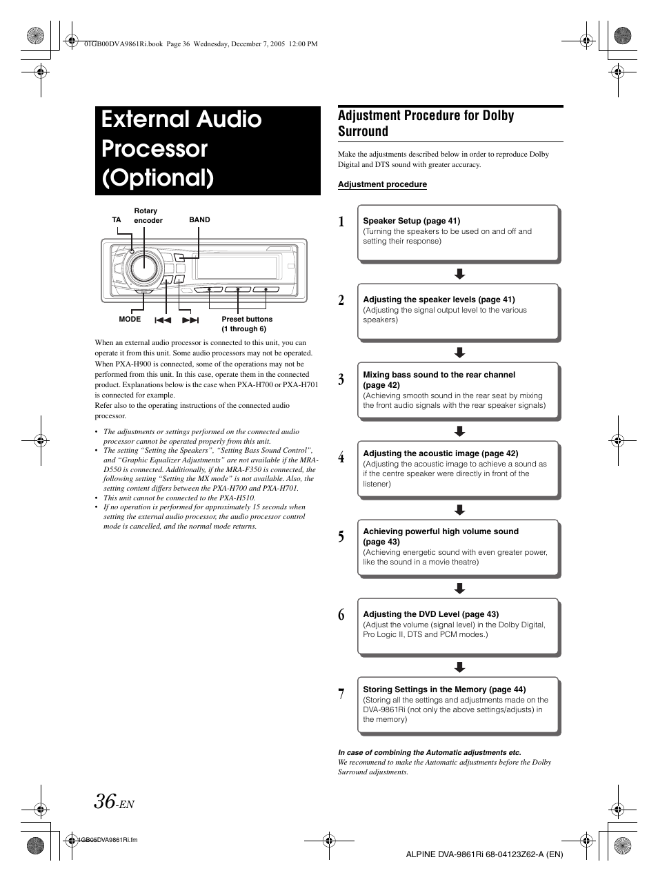 External audio processor (optional), Adjustment procedure for dolby surround | Alpine DVA-9861Ri User Manual | Page 37 / 76