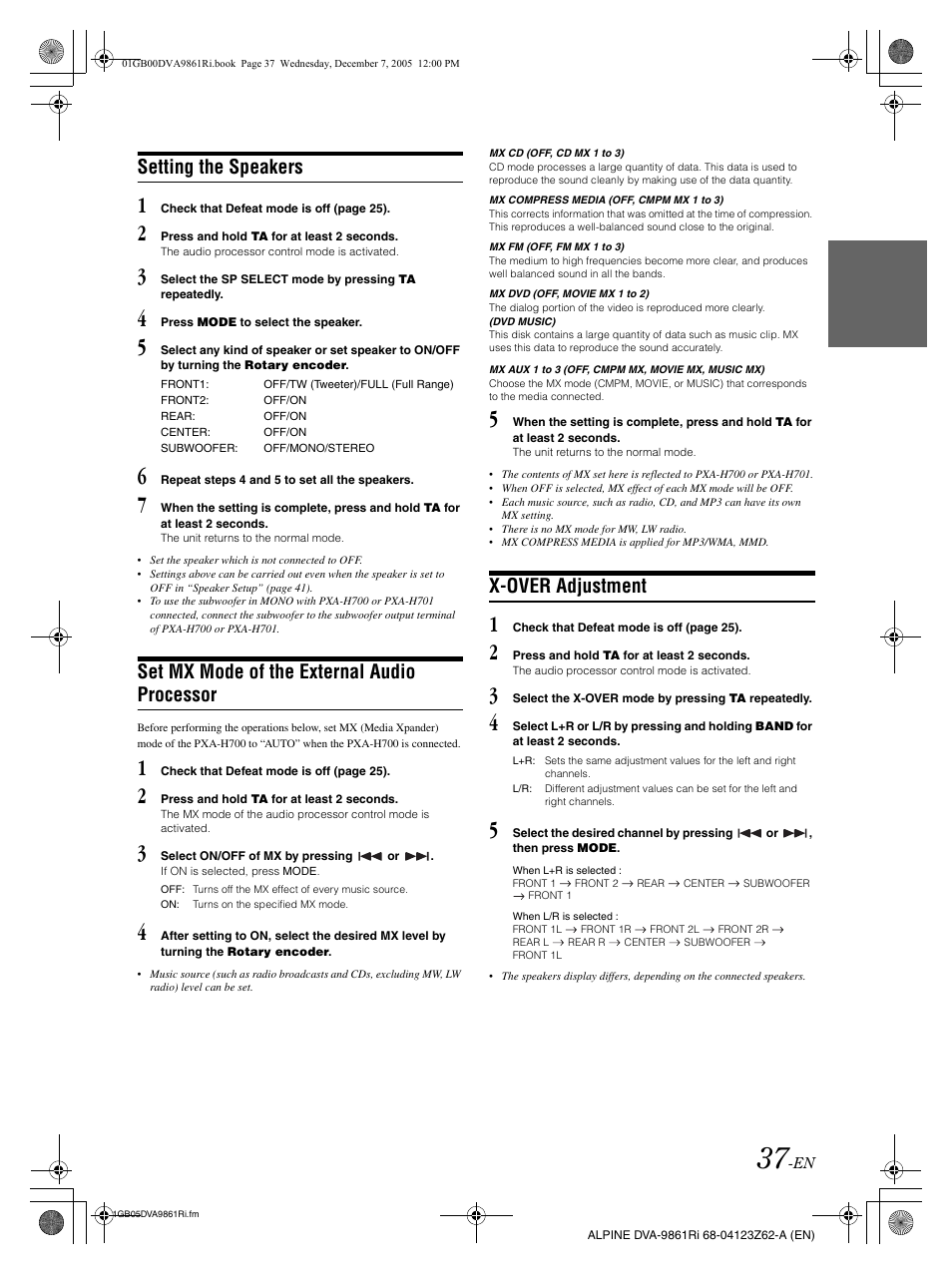Setting the speakers, Set mx mode of the external audio processor, X-over adjustment | Alpine DVA-9861Ri User Manual | Page 38 / 76