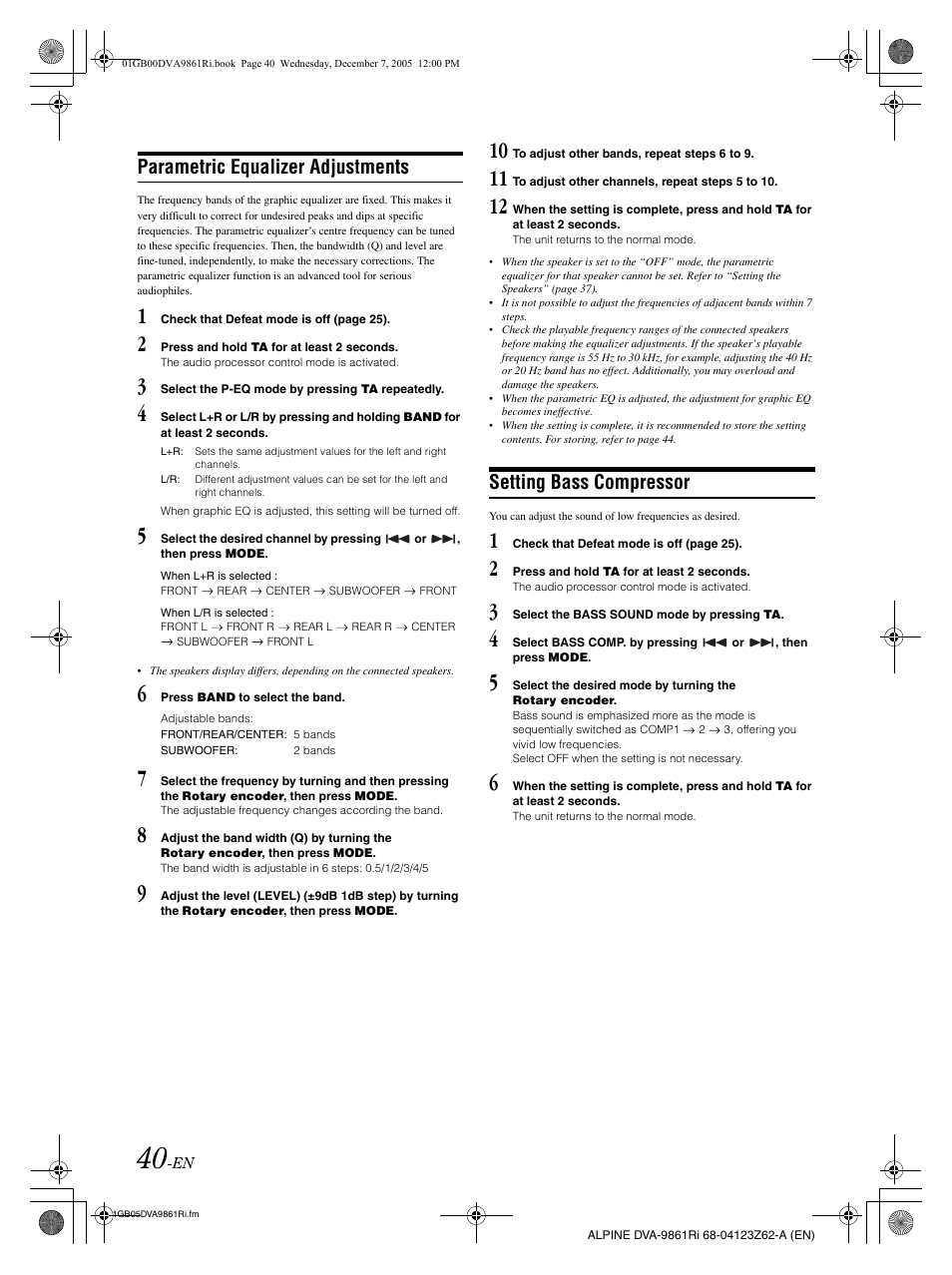 Parametric equalizer adjustments, Setting bass compressor | Alpine DVA-9861Ri User Manual | Page 41 / 76