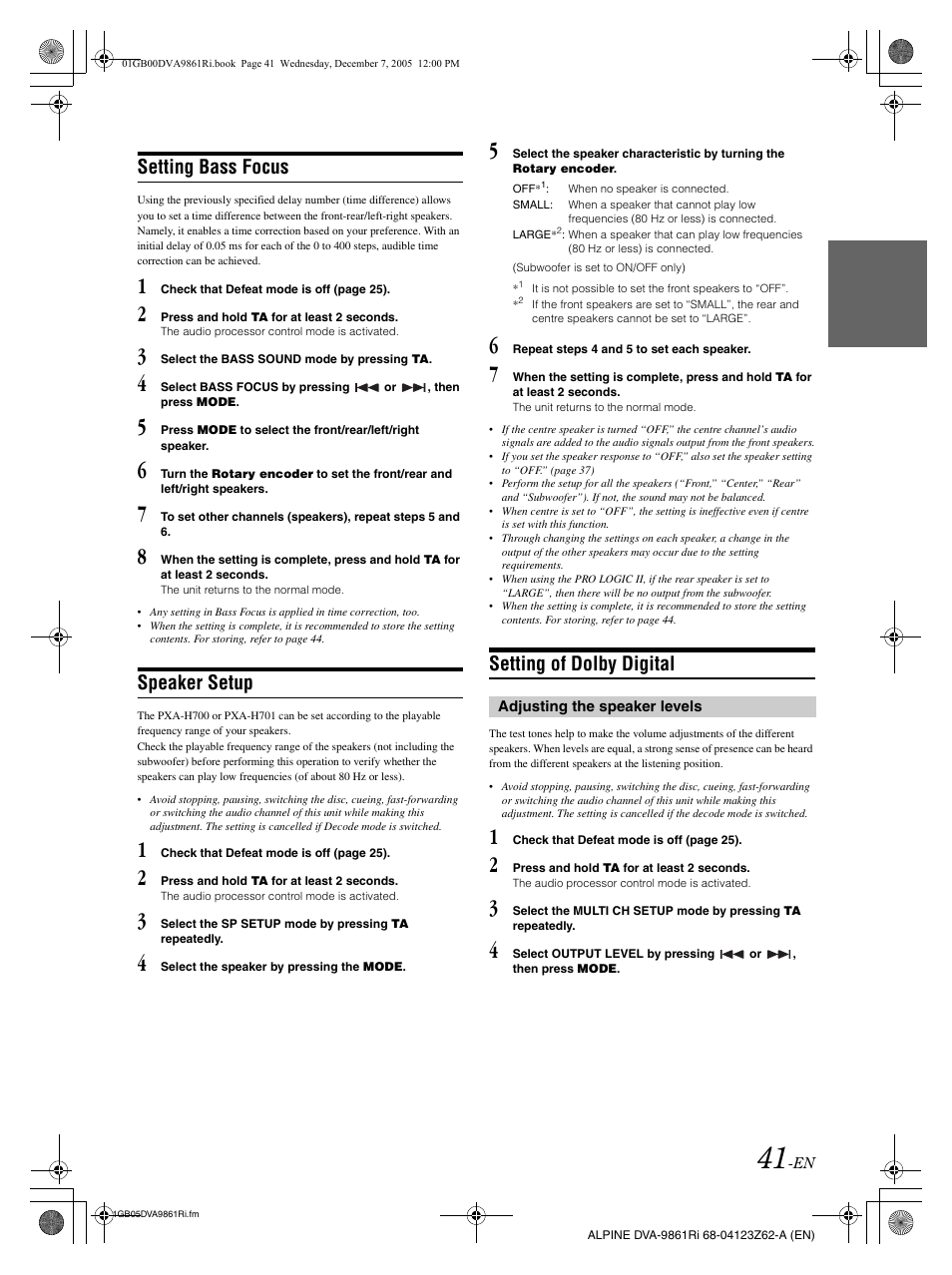 Setting bass focus, Speaker setup, Setting of dolby digital | Alpine DVA-9861Ri User Manual | Page 42 / 76