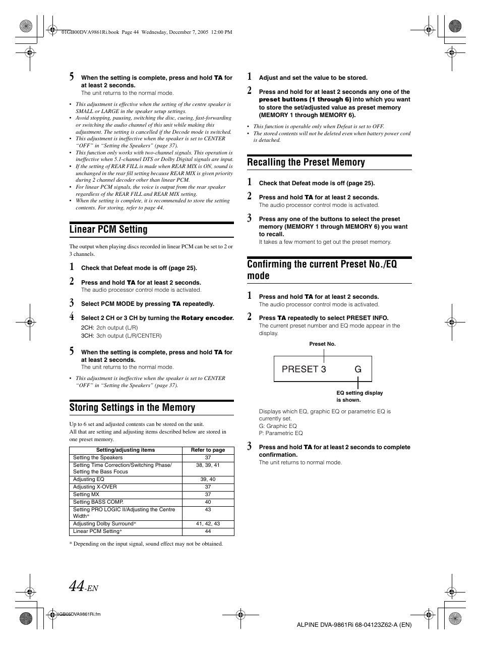 Linear pcm setting, Confirming the current preset no./eq mode | Alpine DVA-9861Ri User Manual | Page 45 / 76