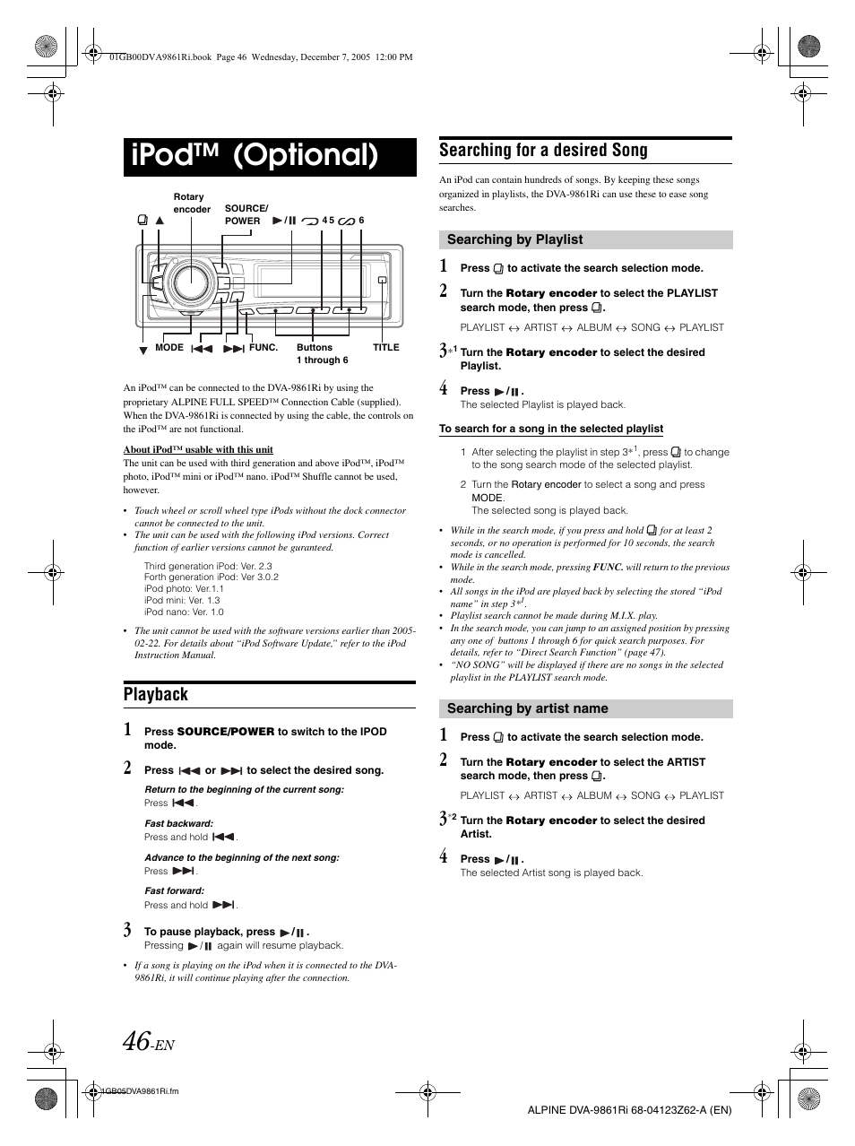 Ipod™ (optional), Playback, Searching for a desired song | Alpine DVA-9861Ri User Manual | Page 47 / 76