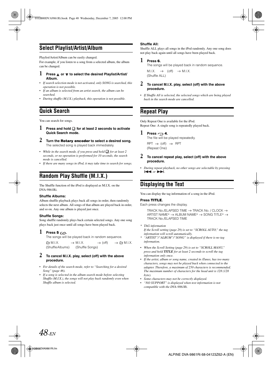 Select playlist/artist/album, Quick search, Random play shuffle (m.i.x.) | Repeat play, Displaying the text | Alpine DVA-9861Ri User Manual | Page 49 / 76