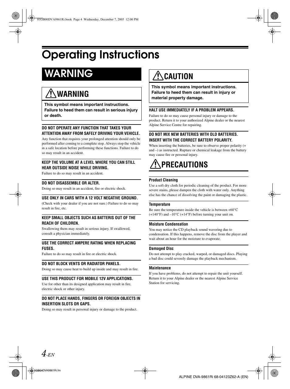 Operating instructions, Warning, Precautions | Caution | Alpine DVA-9861Ri User Manual | Page 5 / 76