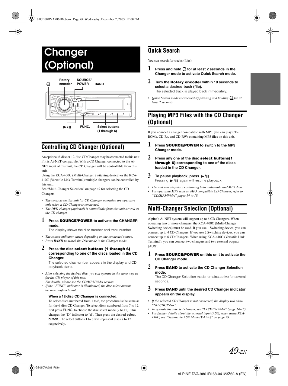 Changer (optional), Controlling cd changer (optional), Quick search | Playing mp3 files with the cd changer (optional), Multi-changer selection (optional) | Alpine DVA-9861Ri User Manual | Page 50 / 76