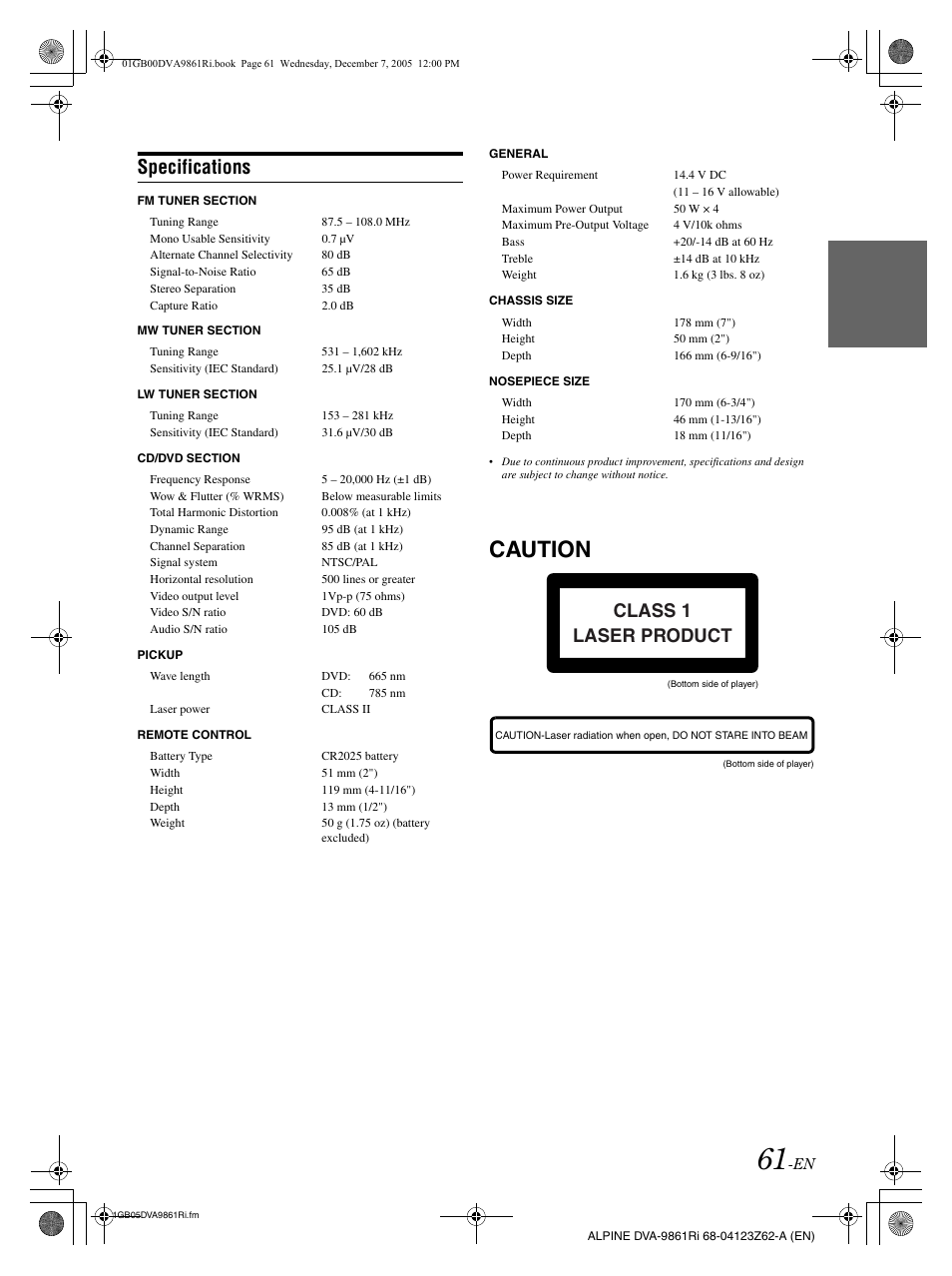 Caution, Specifications, Class 1 laser product | Alpine DVA-9861Ri User Manual | Page 62 / 76