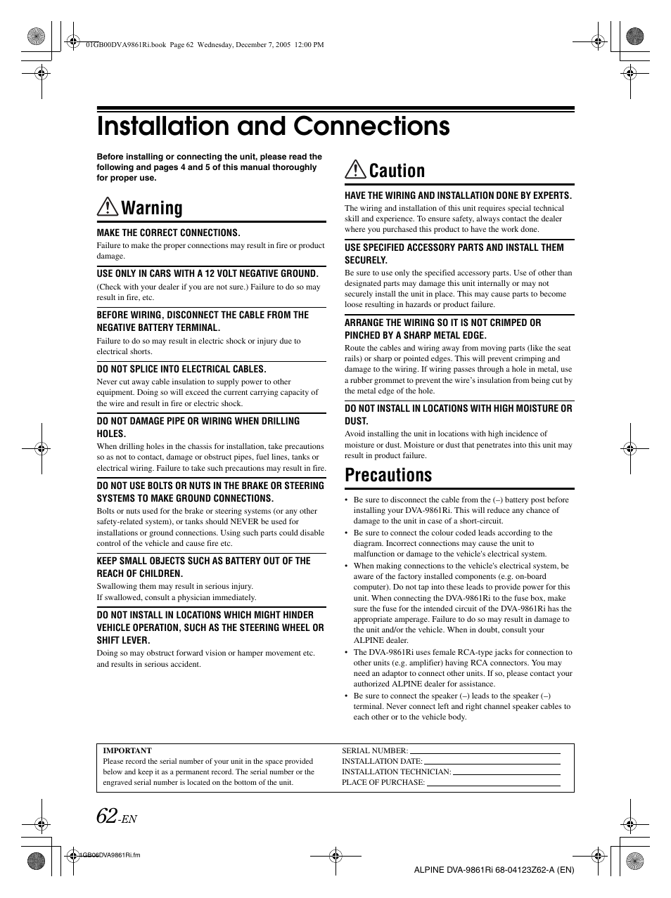 Installation and connections, Warning, Caution | Precautions | Alpine DVA-9861Ri User Manual | Page 63 / 76