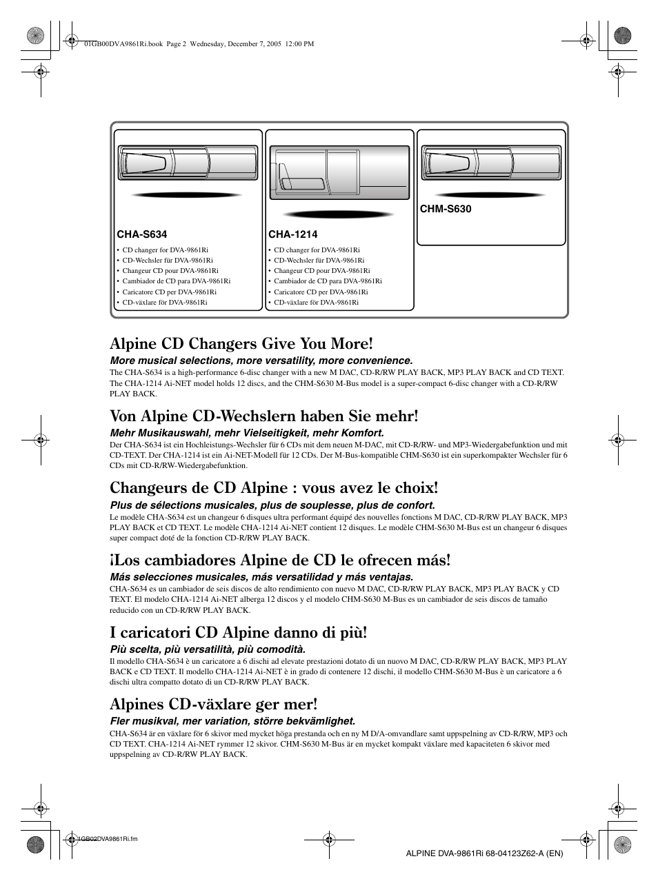 Alpine cd changers give you more, Von alpine cd-wechslern haben sie mehr, Changeurs de cd alpine : vous avez le choix | Los cambiadores alpine de cd le ofrecen más, I caricatori cd alpine danno di più, Alpines cd-växlare ger mer | Alpine DVA-9861Ri User Manual | Page 73 / 76