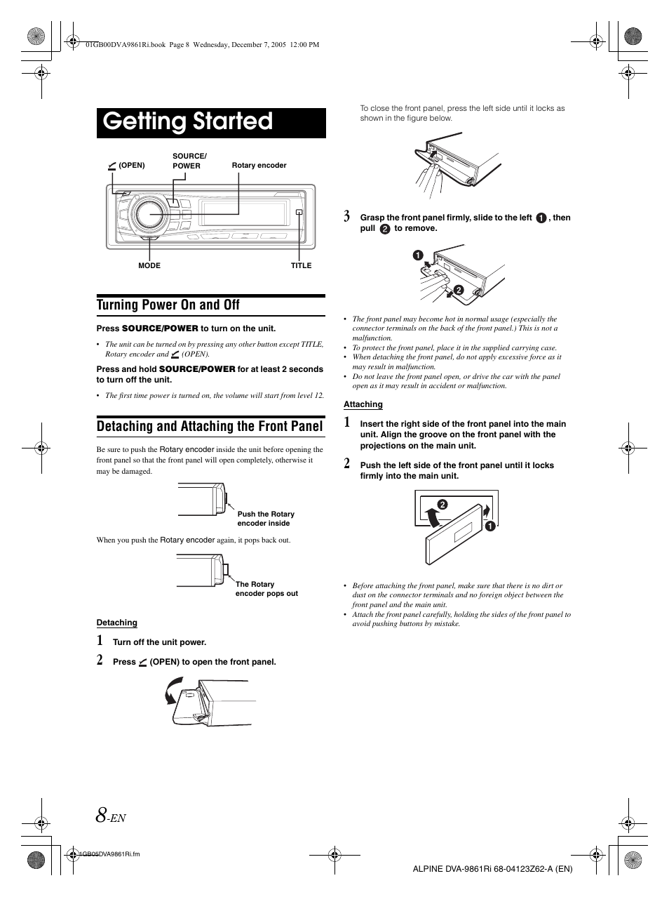 Getting started, Turning power on and off, Detaching and attaching the front panel | Alpine DVA-9861Ri User Manual | Page 9 / 76