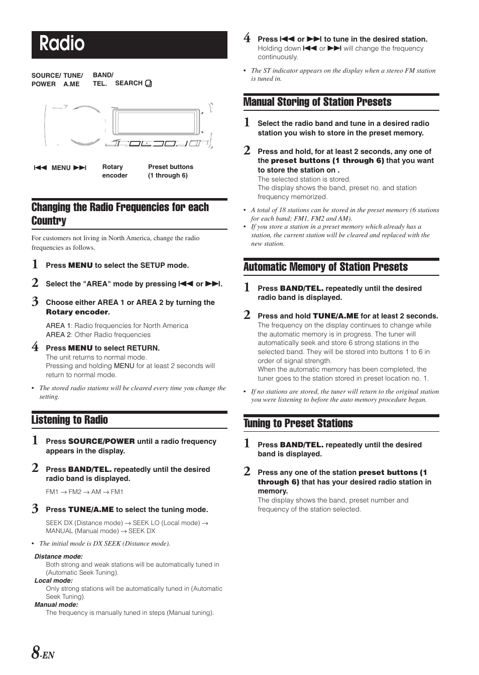 Radio, Changing the radio frequencies for each country, Listening to radio | Manual storing of station presets, Tuning to preset stations | Alpine CDA-9830 User Manual | Page 10 / 42