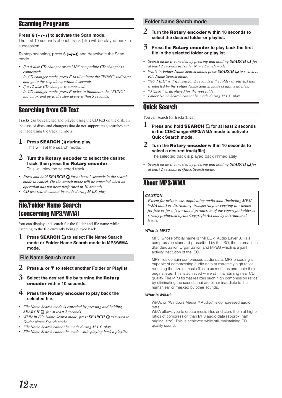 Scanning programs, Searching from cd text, File/folder name search (concerning mp3/wma) | Quick search, About mp3/wma | Alpine CDA-9830 User Manual | Page 14 / 42