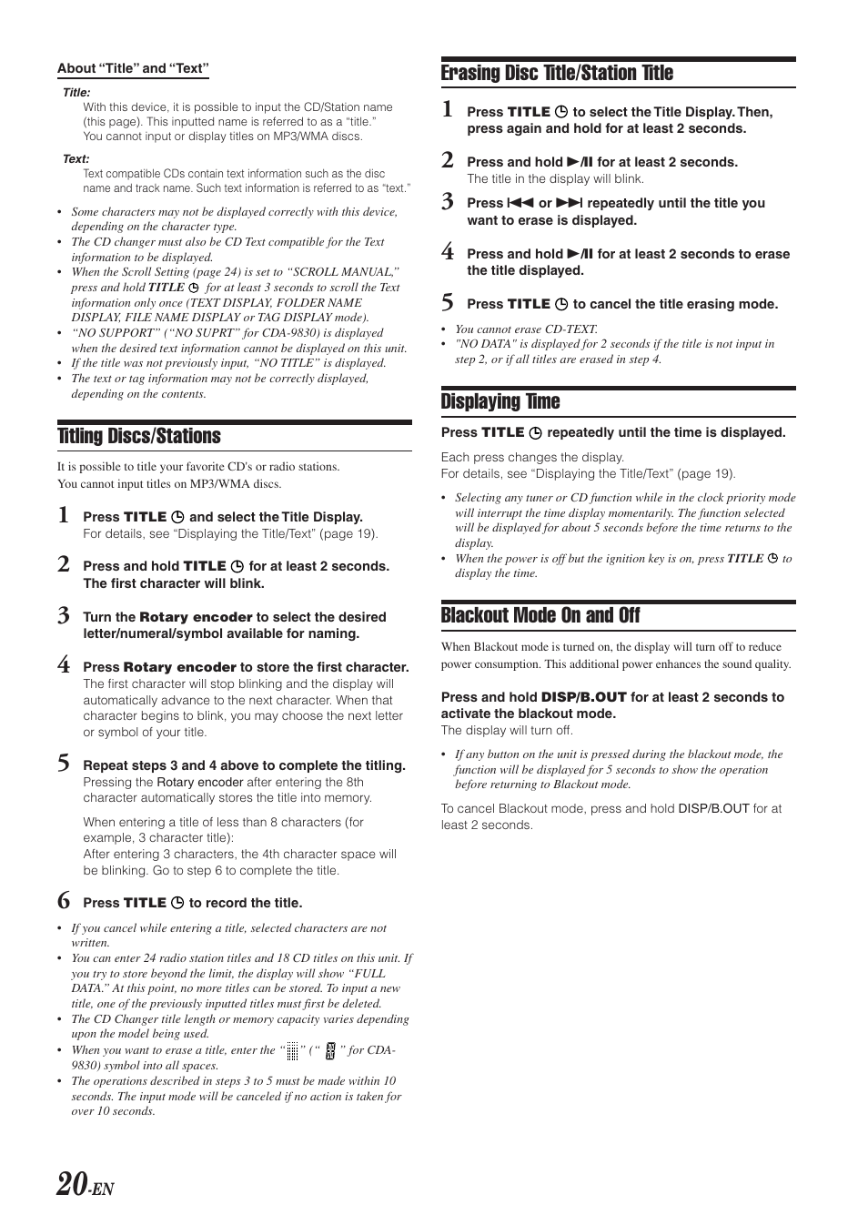 Titling discs/stations, Erasing disc title/station title, Displaying time | Blackout mode on and off | Alpine CDA-9830 User Manual | Page 22 / 42
