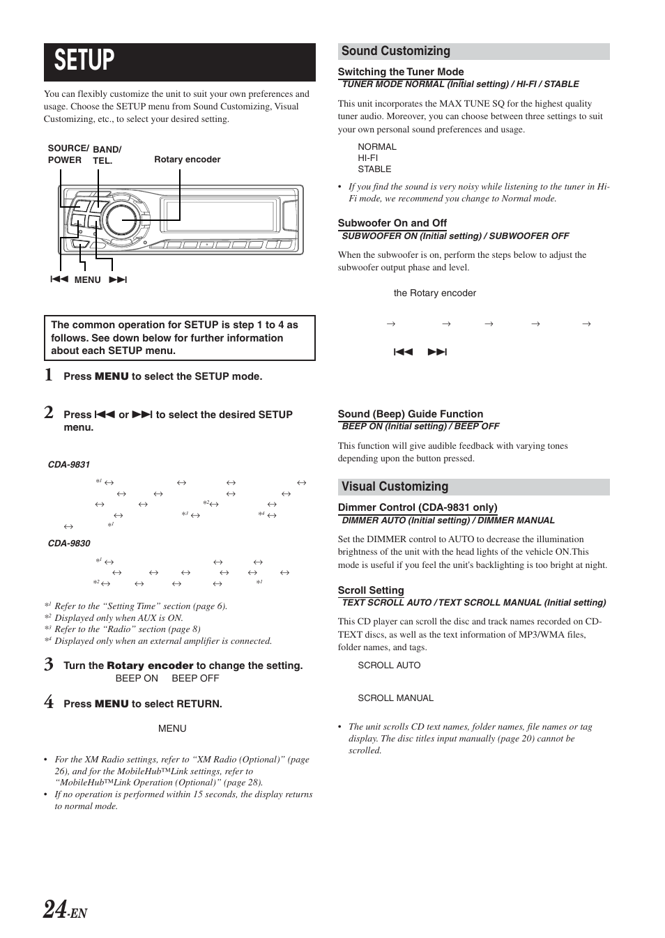 Setup, Sound customizing, Visual customizing | Alpine CDA-9830 User Manual | Page 26 / 42