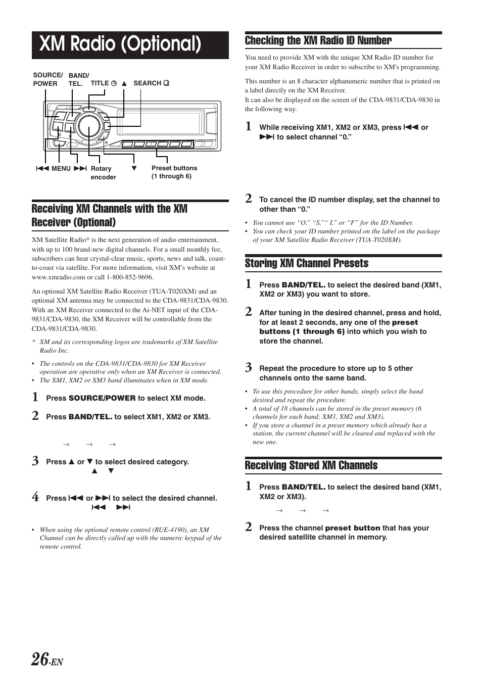 Xm radio (optional), Checking the xm radio id number, Storing xm channel presets | Receiving stored xm channels | Alpine CDA-9830 User Manual | Page 28 / 42