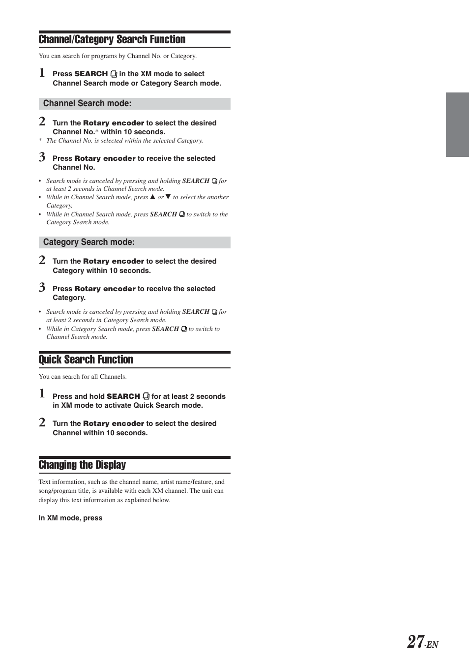 Channel/category search function, Quick search function, Changing the display | Alpine CDA-9830 User Manual | Page 29 / 42