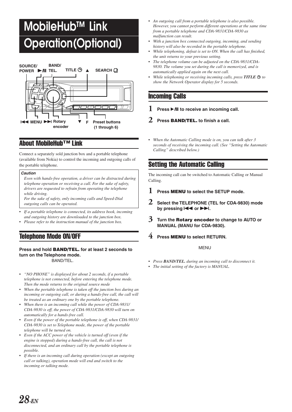 Mobilehub™ link operation(optional), About mobilehub™ link, Telephone mode on/off | Incoming calls, Setting the automatic calling | Alpine CDA-9830 User Manual | Page 30 / 42