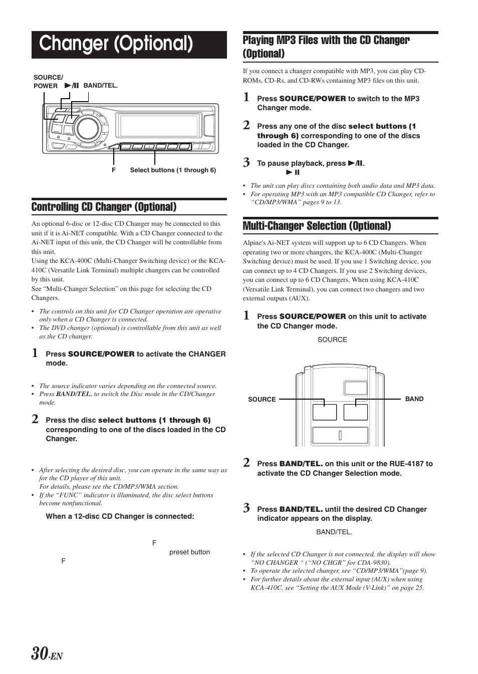 Changer (optional), Controlling cd changer (optional), Playing mp3 files with the cd changer (optional) | Multi-changer selection (optional) | Alpine CDA-9830 User Manual | Page 32 / 42
