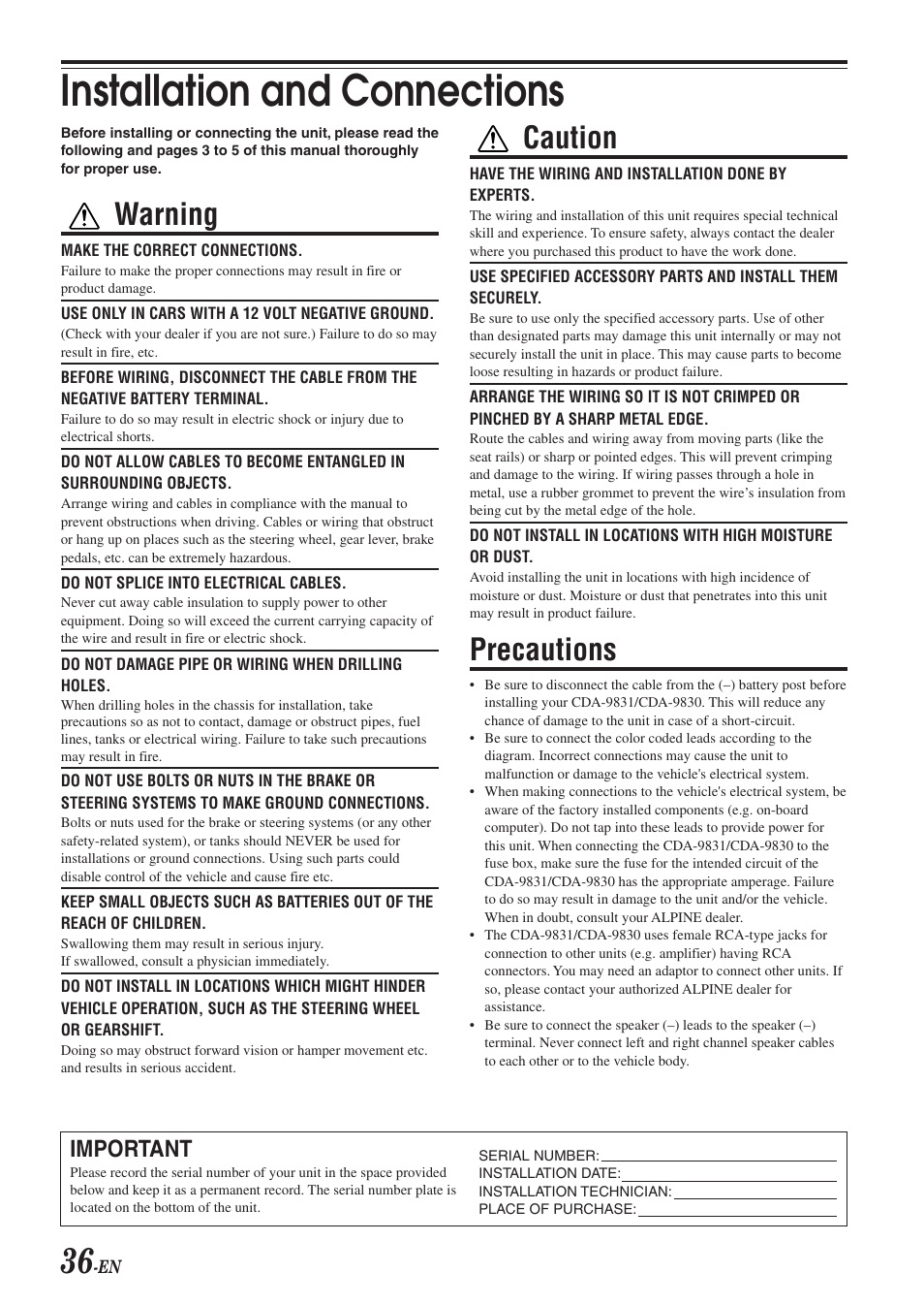 Installation and connections, Warning, Caution | Precautions, Important | Alpine CDA-9830 User Manual | Page 38 / 42