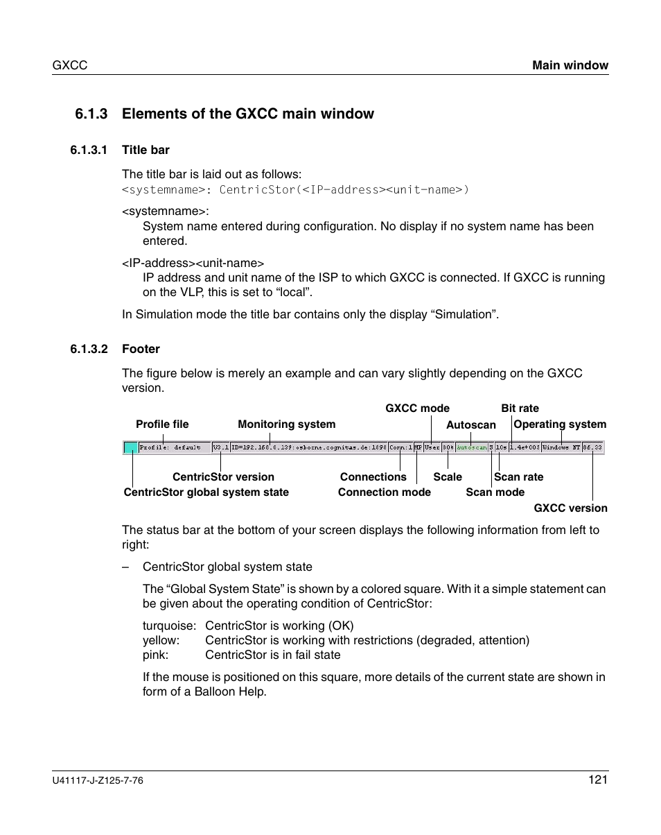 Elements of the gxcc main window, Title bar, Footer | 3 elements of the gxcc main window | FUJITSU CentricStor V3.1D User Manual | Page 121 / 640