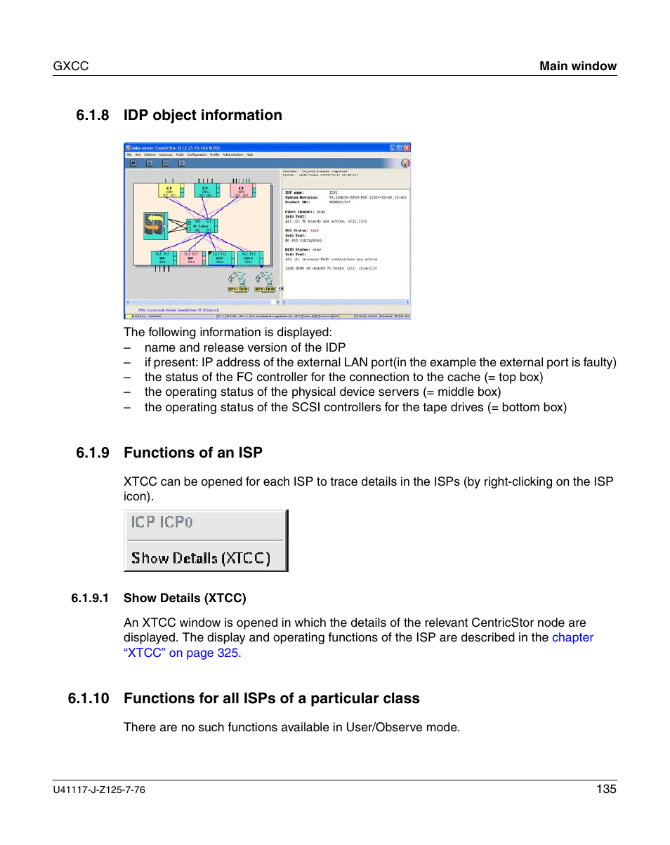 Idp object information, Functions of an isp, Show details (xtcc) | Functions for all isps of a particular class, Section “idp | FUJITSU CentricStor V3.1D User Manual | Page 135 / 640