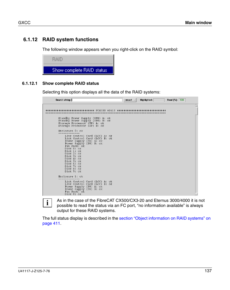 Raid system functions, Show complete raid status | FUJITSU CentricStor V3.1D User Manual | Page 137 / 640