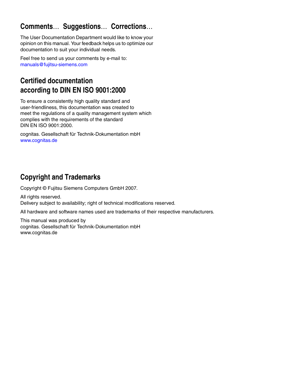 Comments … suggestions … corrections, Copyright and trademarks | FUJITSU CentricStor V3.1D User Manual | Page 2 / 640