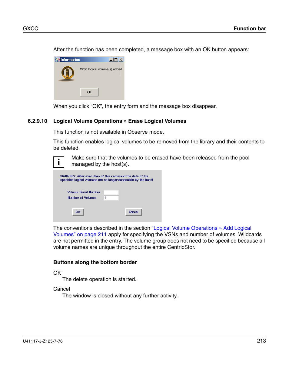 Logical volume operations » erase logical volumes, Section “logical volume opera, Erase logical volumes | FUJITSU CentricStor V3.1D User Manual | Page 213 / 640