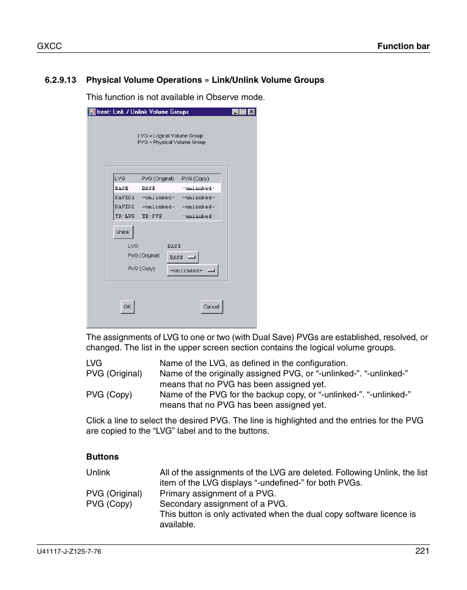 Section “physical volume, Section “physical volume opera, Link/unlink volume groups | FUJITSU CentricStor V3.1D User Manual | Page 221 / 640