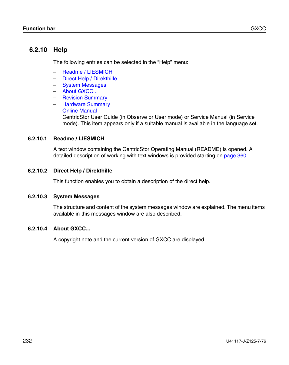 Help, Readme / liesmich, Direct help / direkthilfe | System messages, About gxcc, 10 help | FUJITSU CentricStor V3.1D User Manual | Page 232 / 640