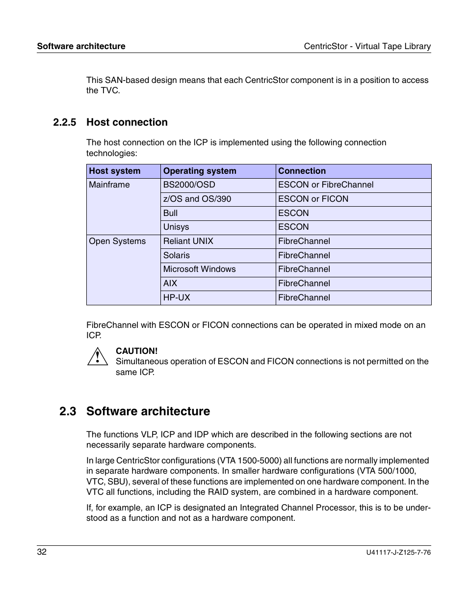 Host connection, Software architecture, 3 software architecture | FUJITSU CentricStor V3.1D User Manual | Page 32 / 640