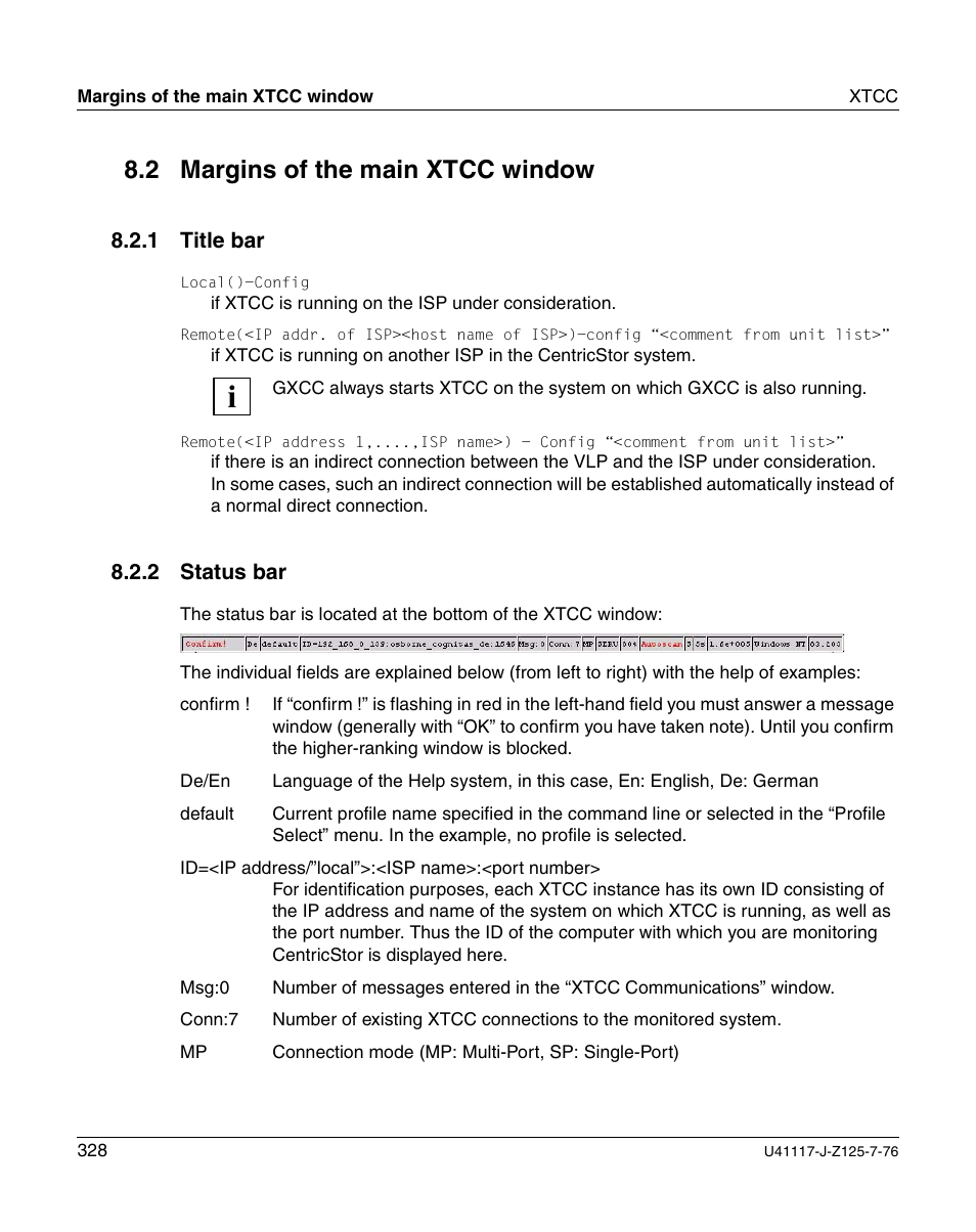 Margins of the main xtcc window, Title bar, Status bar | 2 margins of the main xtcc window | FUJITSU CentricStor V3.1D User Manual | Page 328 / 640