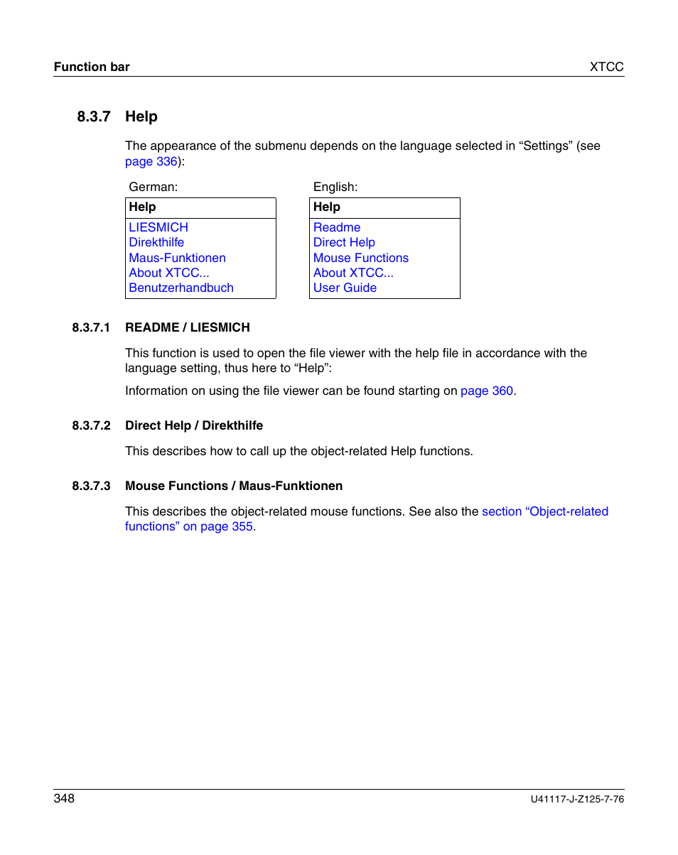 Help, Readme / liesmich, Direct help / direkthilfe | Mouse functions / maus-funktionen, 7 help | FUJITSU CentricStor V3.1D User Manual | Page 348 / 640