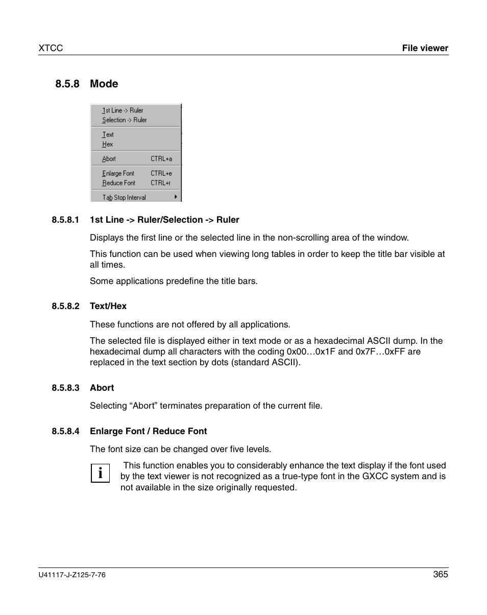 Mode, 1st line -> ruler/selection -> ruler, Text/hex | Abort, Enlarge font / reduce font | FUJITSU CentricStor V3.1D User Manual | Page 365 / 640