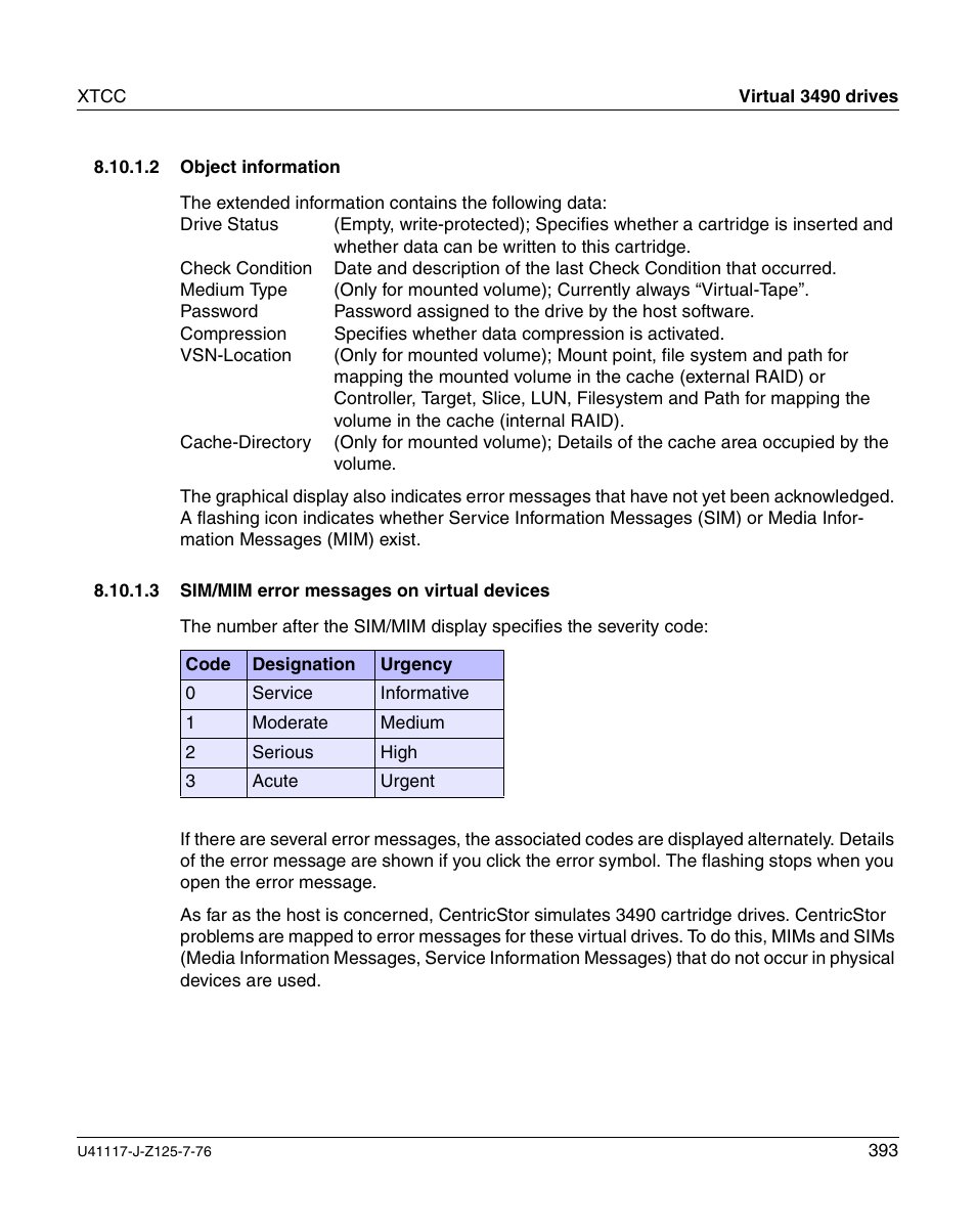 Object information, Sim/mim error messages on virtual devices | FUJITSU CentricStor V3.1D User Manual | Page 393 / 640