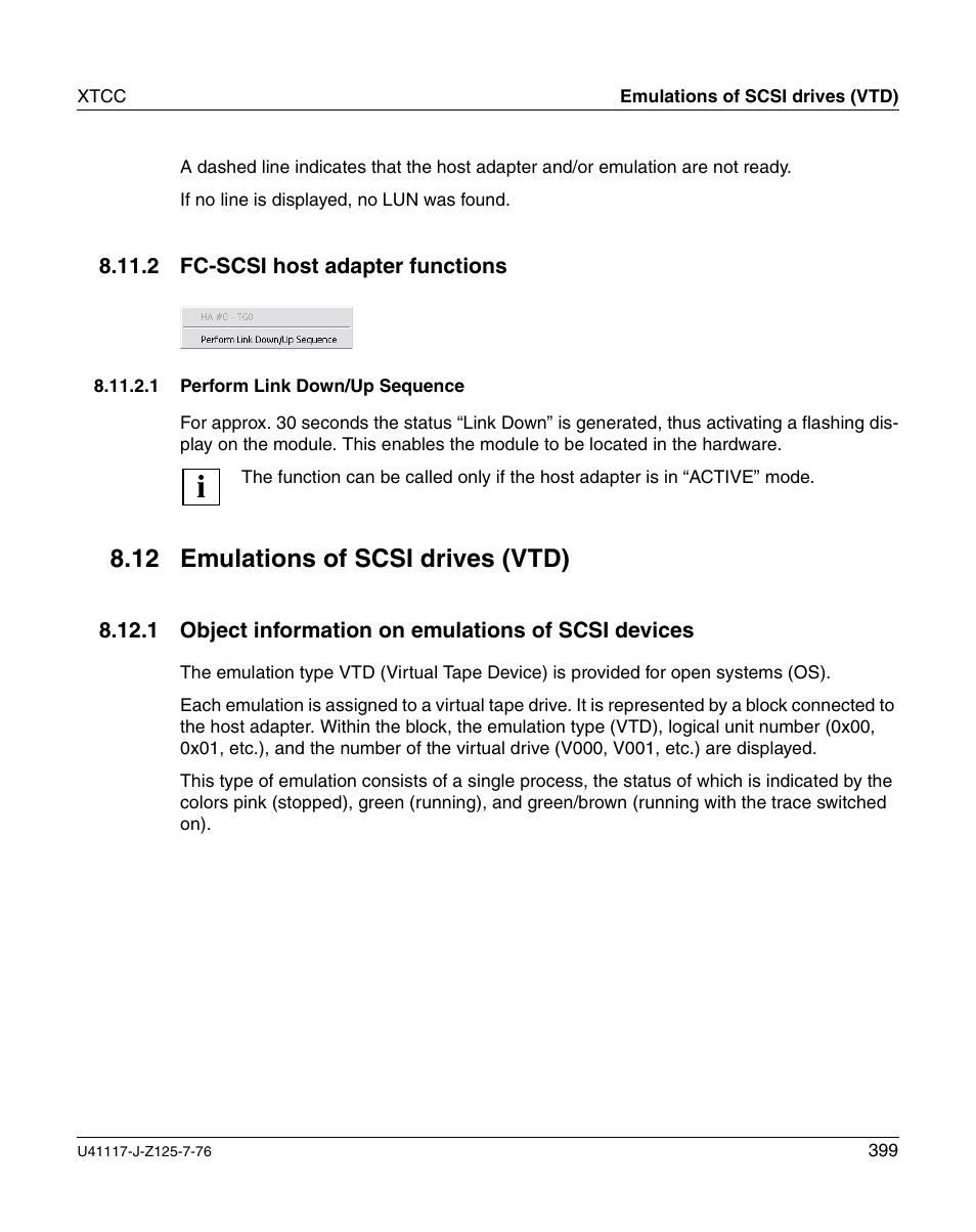 Fc-scsi host adapter functions, Perform link down/up sequence, Emulations of scsi drives (vtd) | Object information on emulations of scsi devices, 12 emulations of scsi drives (vtd) | FUJITSU CentricStor V3.1D User Manual | Page 399 / 640