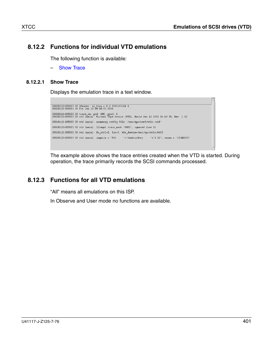 Functions for individual vtd emulations, Show trace, Functions for all vtd emulations | FUJITSU CentricStor V3.1D User Manual | Page 401 / 640